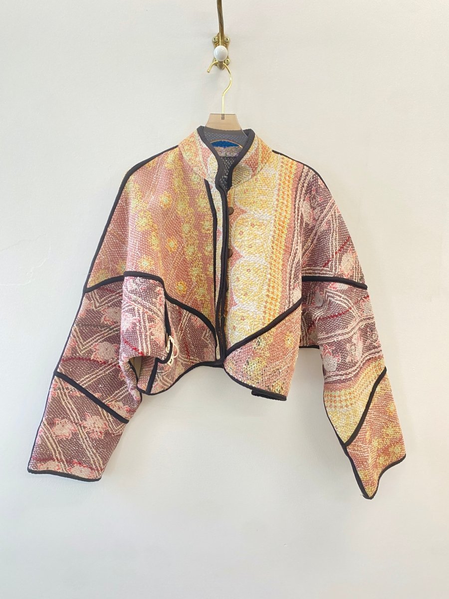 Reversible Kaira Quilted Cropped Jacket in Colors Plum, Green, Blue w/ Embroidered Orange Flowers & Lavender, Pink, Yellow, Orange - Made X Hudson