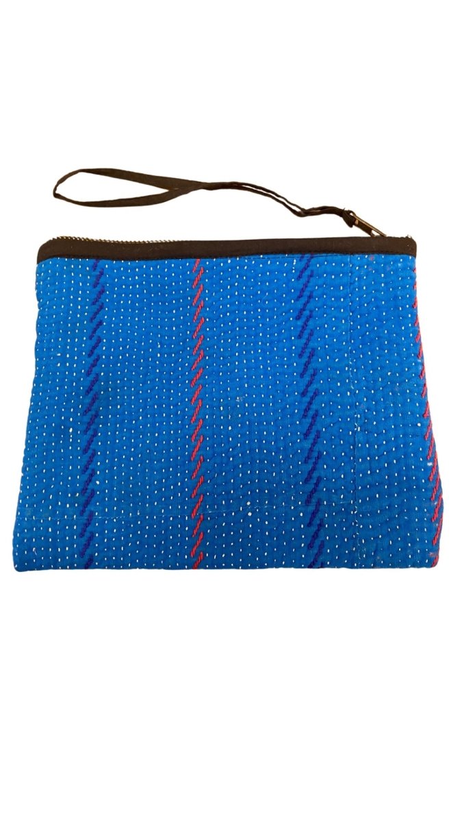 Biju Vintage Kantha Quilted Zipper Pouch in Colors Blue, Red, White & Black - Made X Hudson