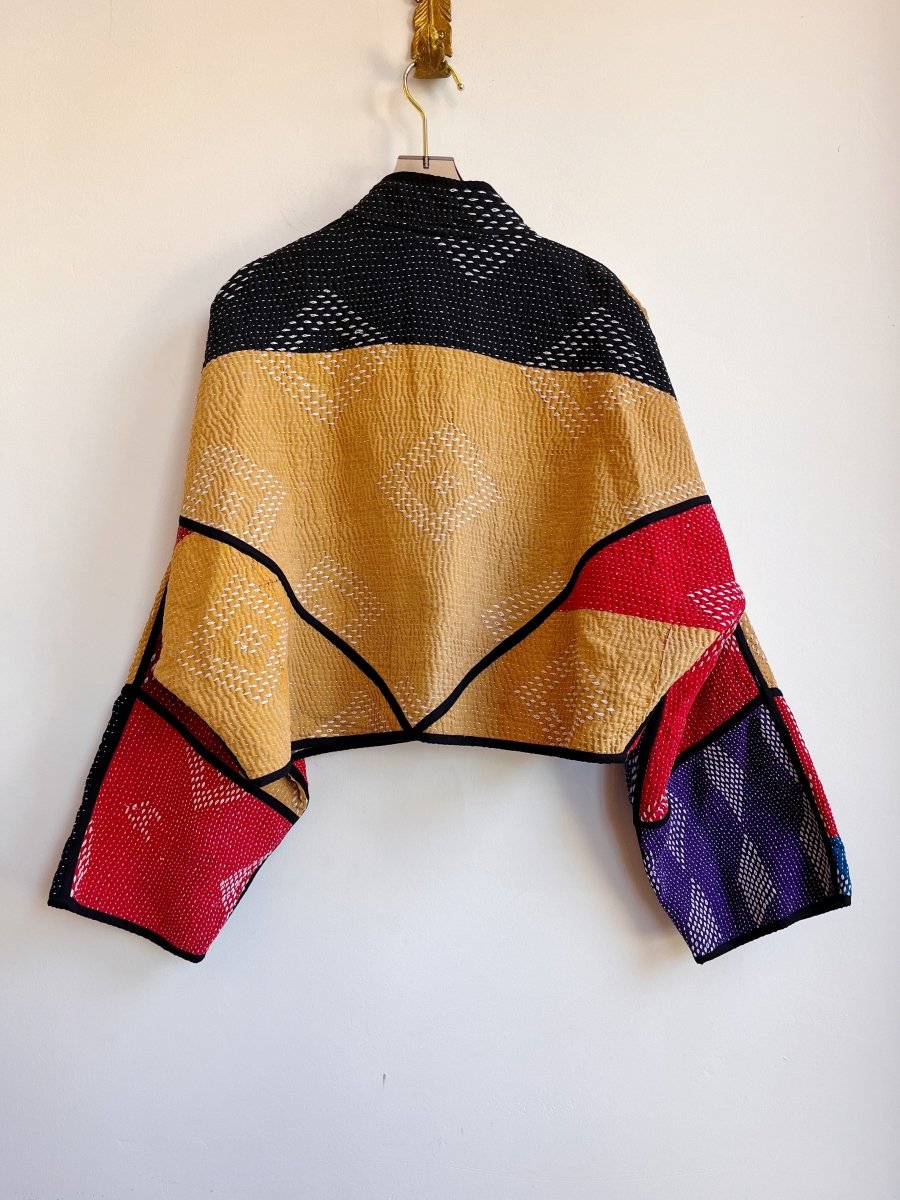 Reversible Kaira Quilted Cropped Jacket in Colors Purple, Red, Yellow, Light Brown, Black & Teal, Red, Light Brown, Black - Made X Hudson