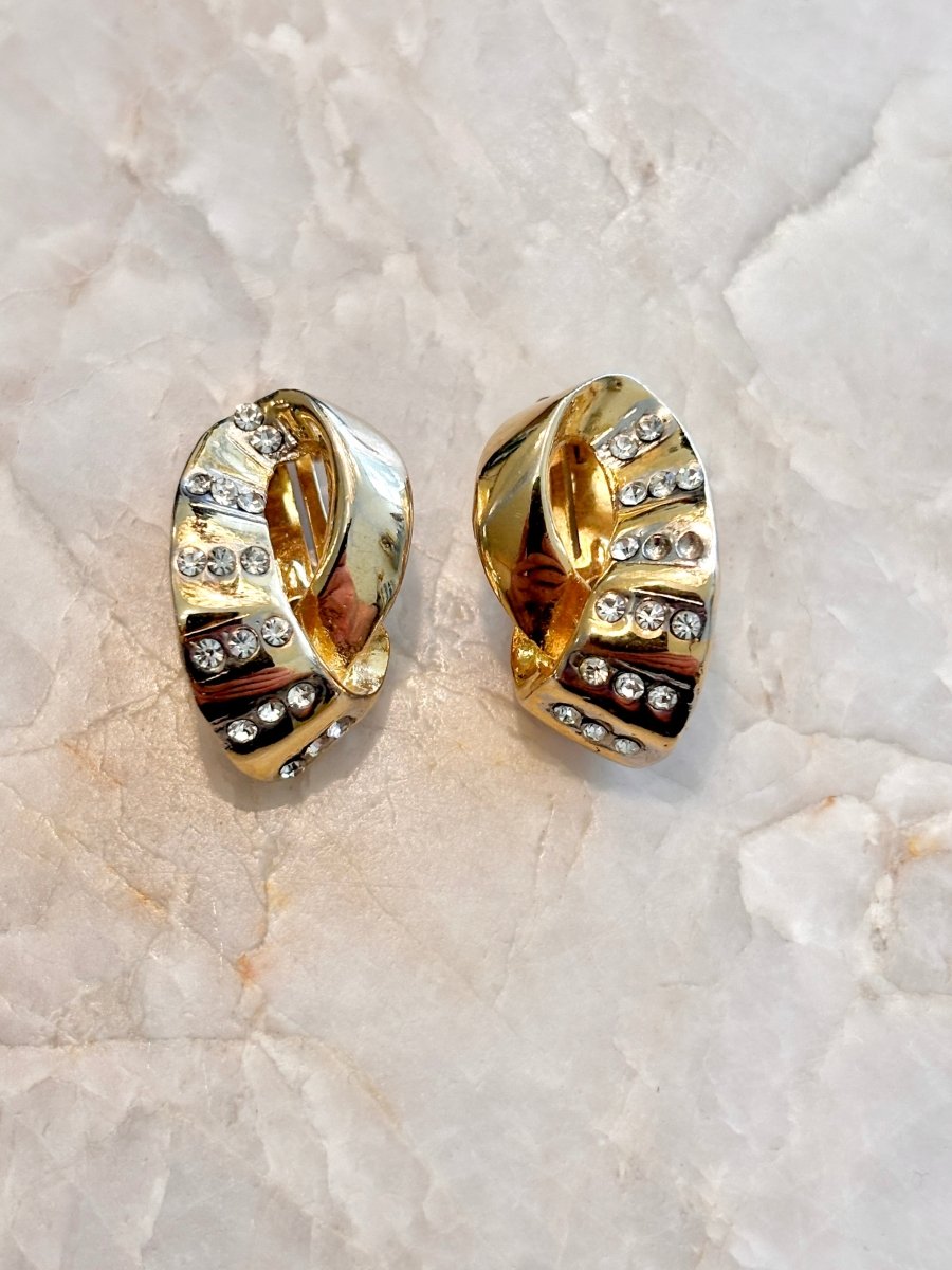Gold Tone Crystal Ribbon Clip On Earrings (Vintage) - Made X Hudson