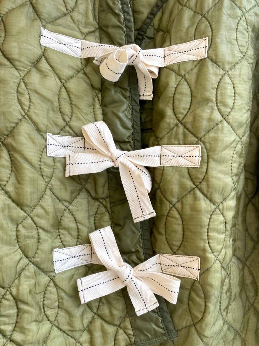 Olive Green Army Liner Quilted Coat w/ Twill Tape Ties (Reworked) - Made X Hudson