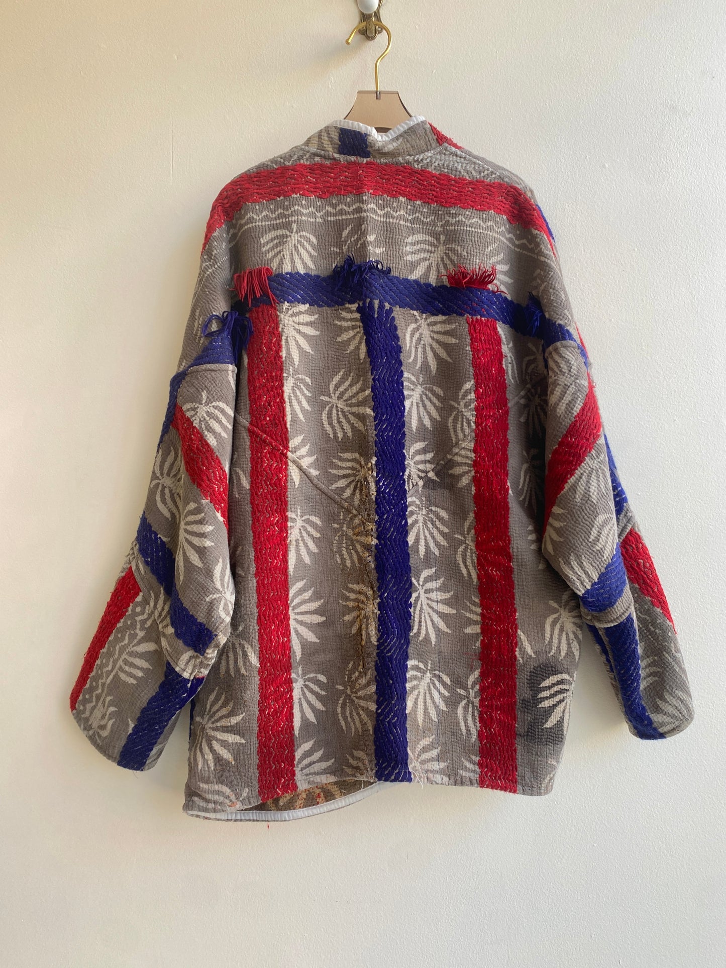 Reversible Ishani Quilted Jacket in Colors Brown Palm Tree & Grey with Red & Blue Stripe