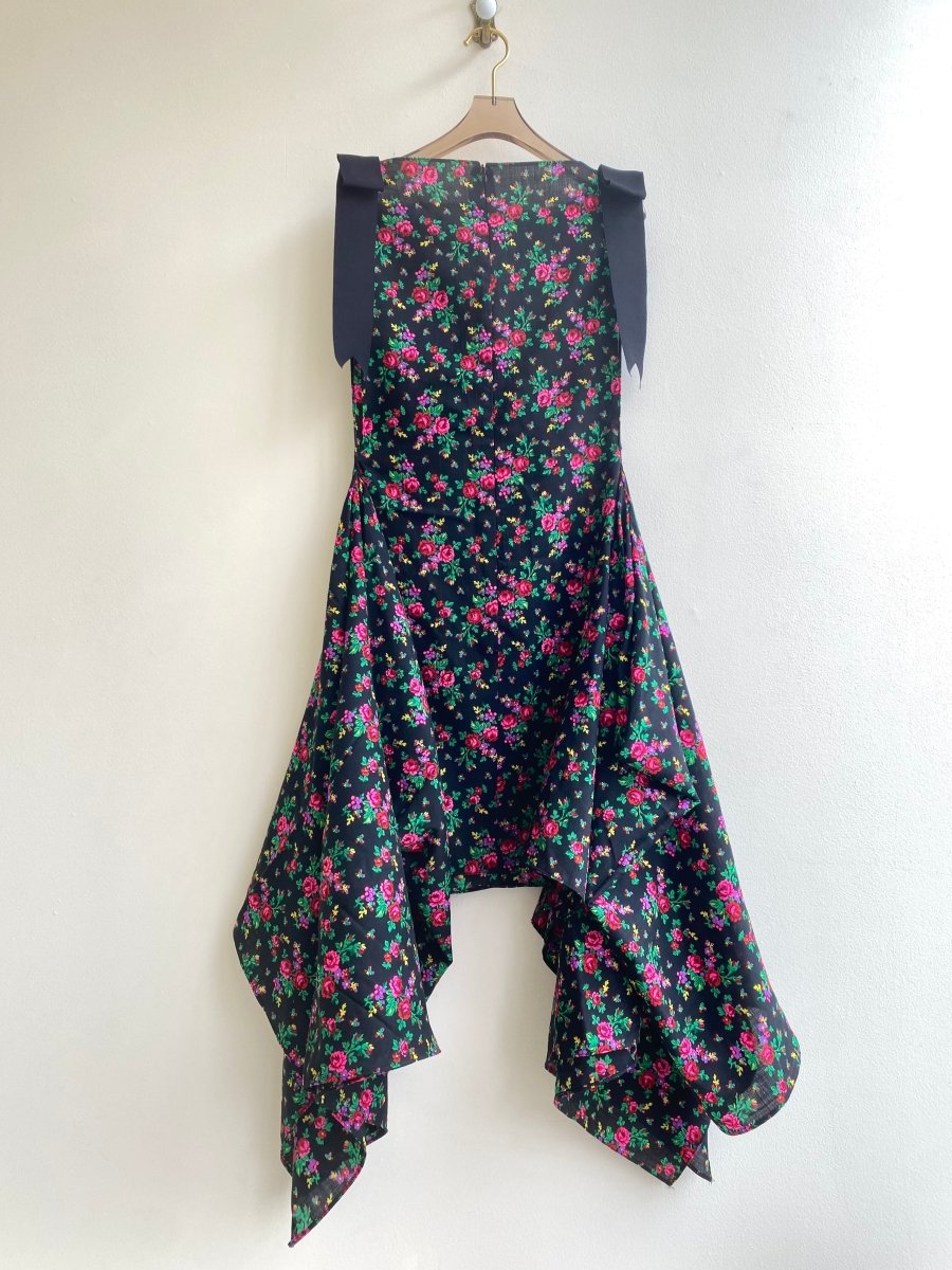 Zero Waste Black & Floral Print Dress w/ Black Bow Accent - Made X Hudson