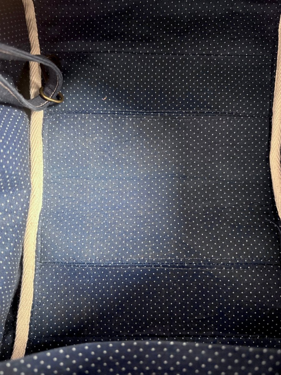 Mini Cross - Body Duffel Bag in Navy Hemp Cotton and Woven Grid Pattern w/ Brown Webbing - Made X Hudson