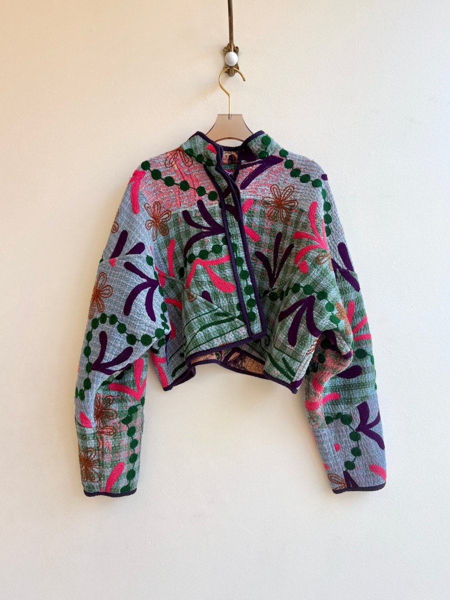 Reversible Suzani Quilted Cropped Jacket in Colors Pink, Green, Beige, Grey & Blue, Green, Pink, Purple - Made X Hudson