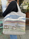 Gray Organic Linen Tote Bag w/ Hand Embroidered View from Olana - Made X Hudson
