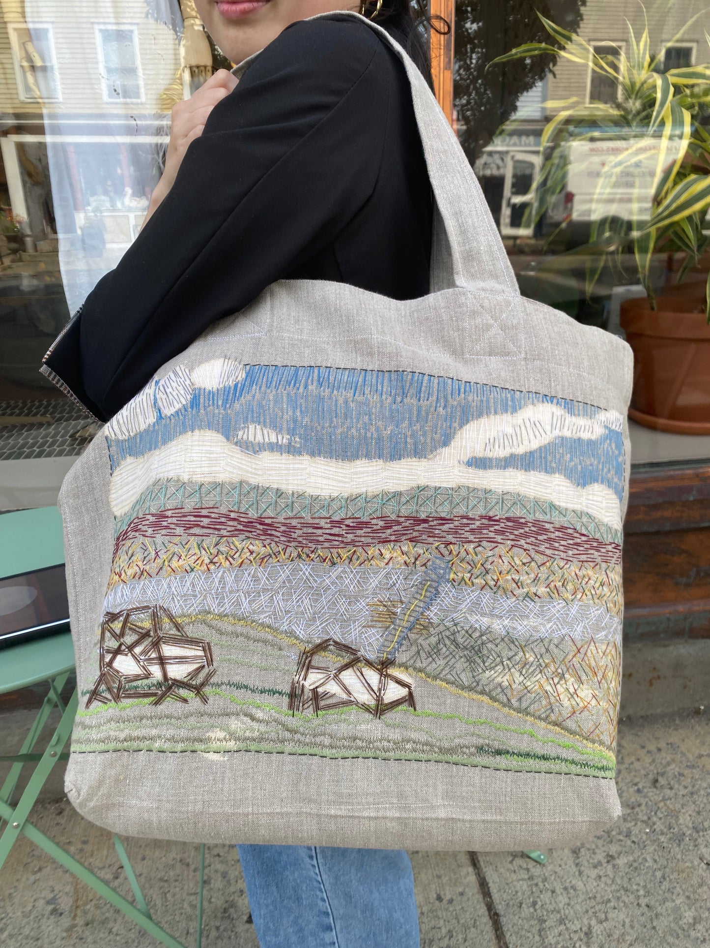 Gray Organic Linen Tote Bag w/ Hand Embroidered View from Olana