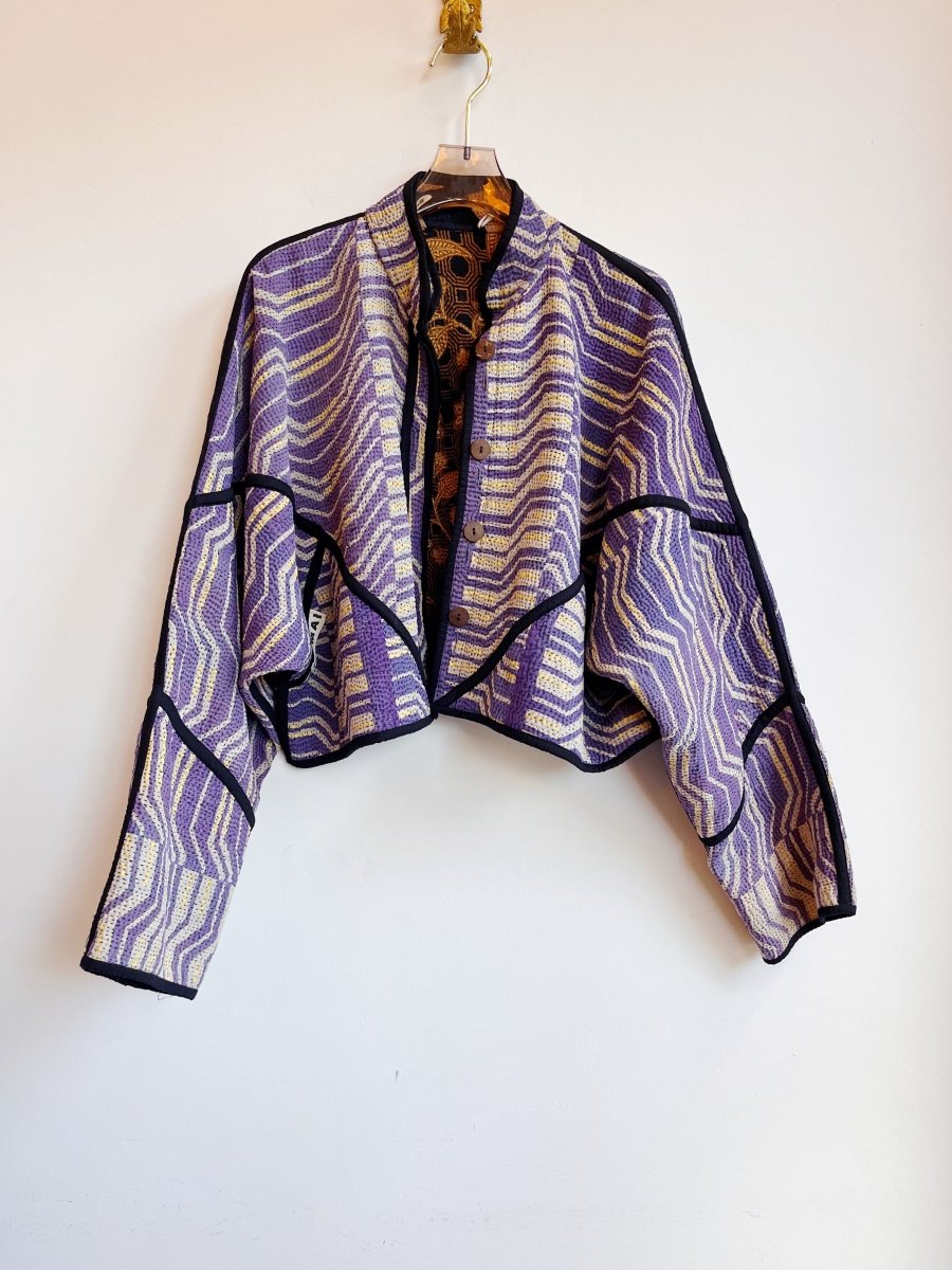 Reversible Kaira Quilted Cropped Jacket in Colors Light Grey, Purple, Yellow & Brown, Ochre, Black - Made X Hudson