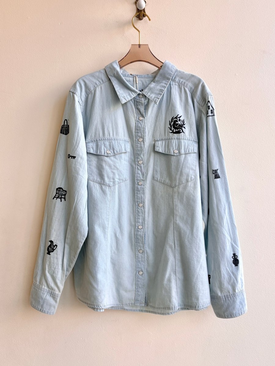 Tiny Print Light Blue Denim Cowboy Shirt with Pearl Snaps | Block Printed (Reworked) - Made X Hudson