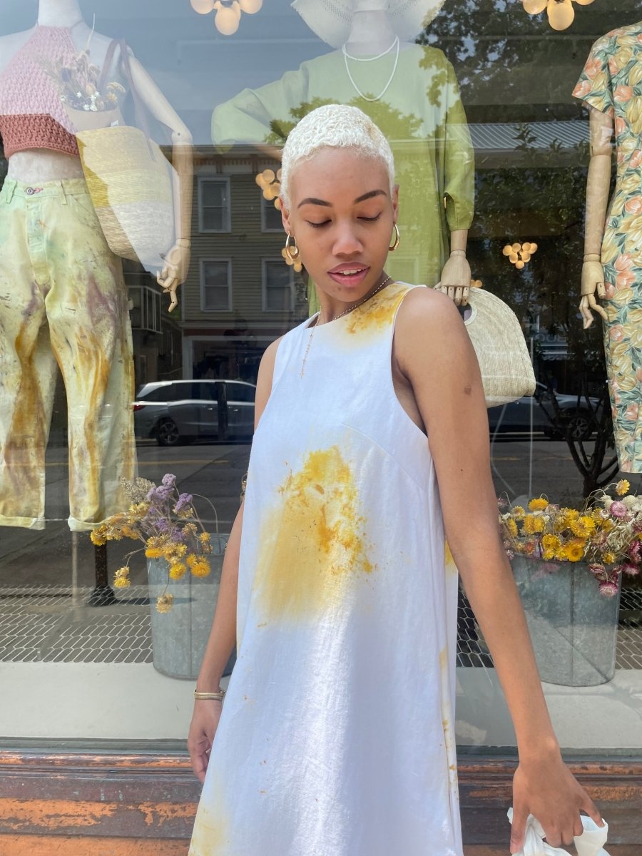 Yellow & White Organic Linen Plant Dyed Chore Dress - Made X Hudson
