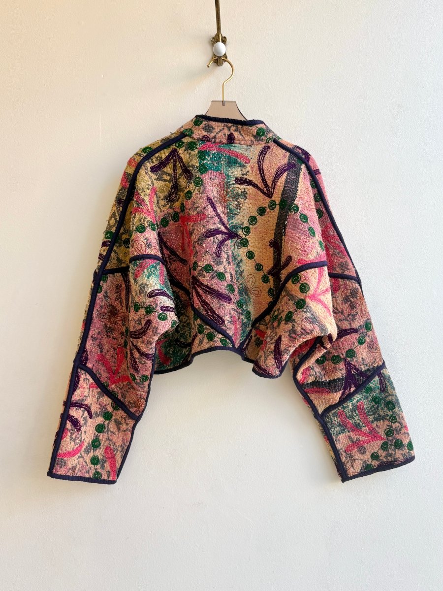 Reversible Suzani Quilted Cropped Jacket in Colors Pink, Green, Beige, Grey & Blue, Green, Pink, Purple - Made X Hudson