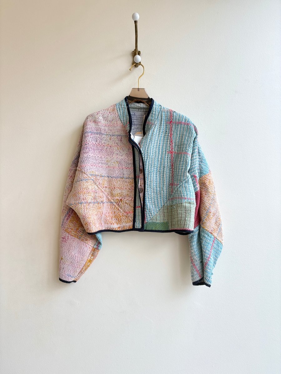 Reversible Kaira Quilted Cropped Jacket in Colors Sky Blue, Cream, Pink, Lavender & Cream, Teal, Red - Made X Hudson