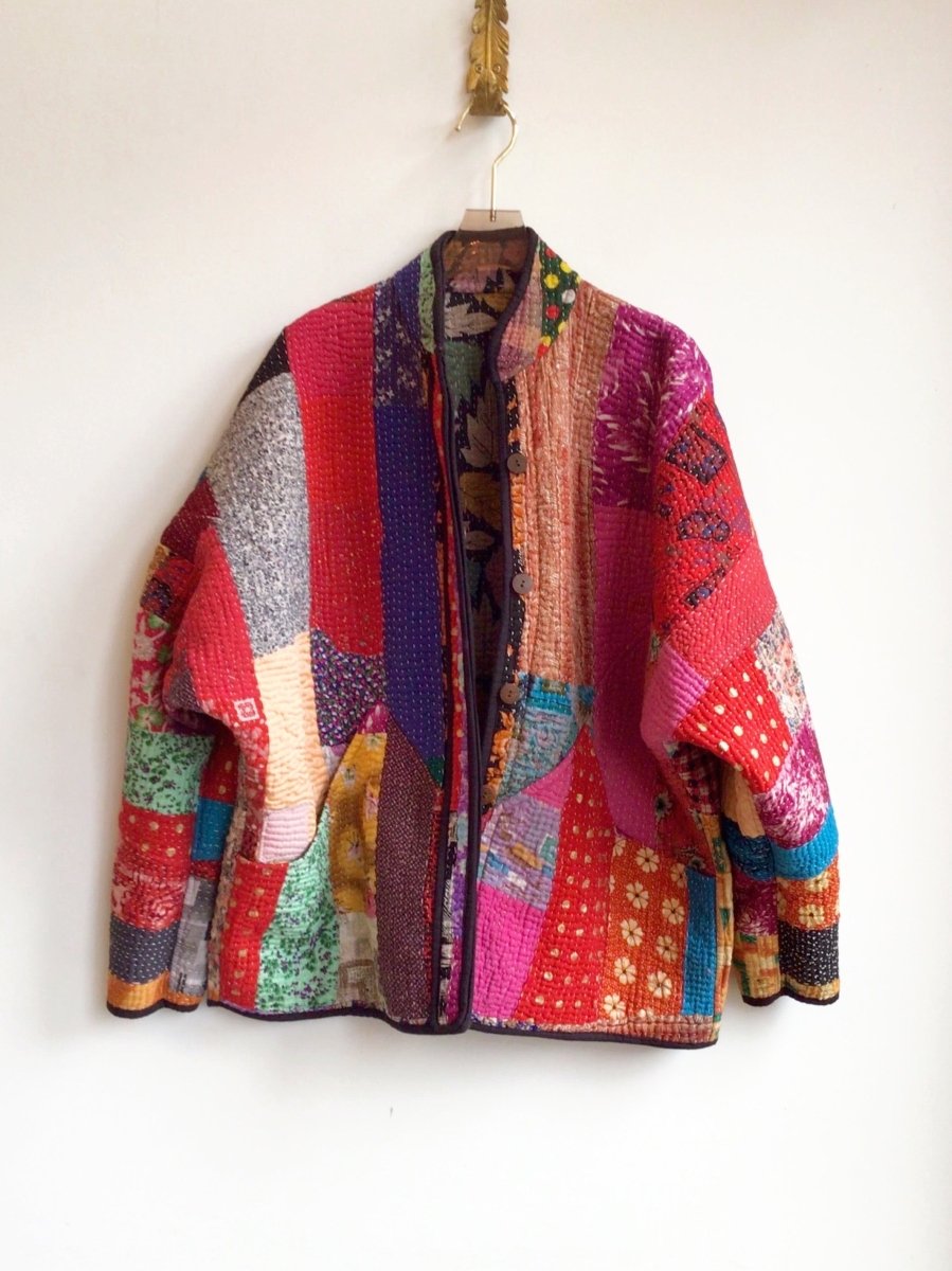 Reversible Ladhiya Quilted Jacket in Colors Mustard, Tan, Blush, Light Teal Leaf Pattern & Pink, Orange, Black, Blue, Brown - Made X Hudson