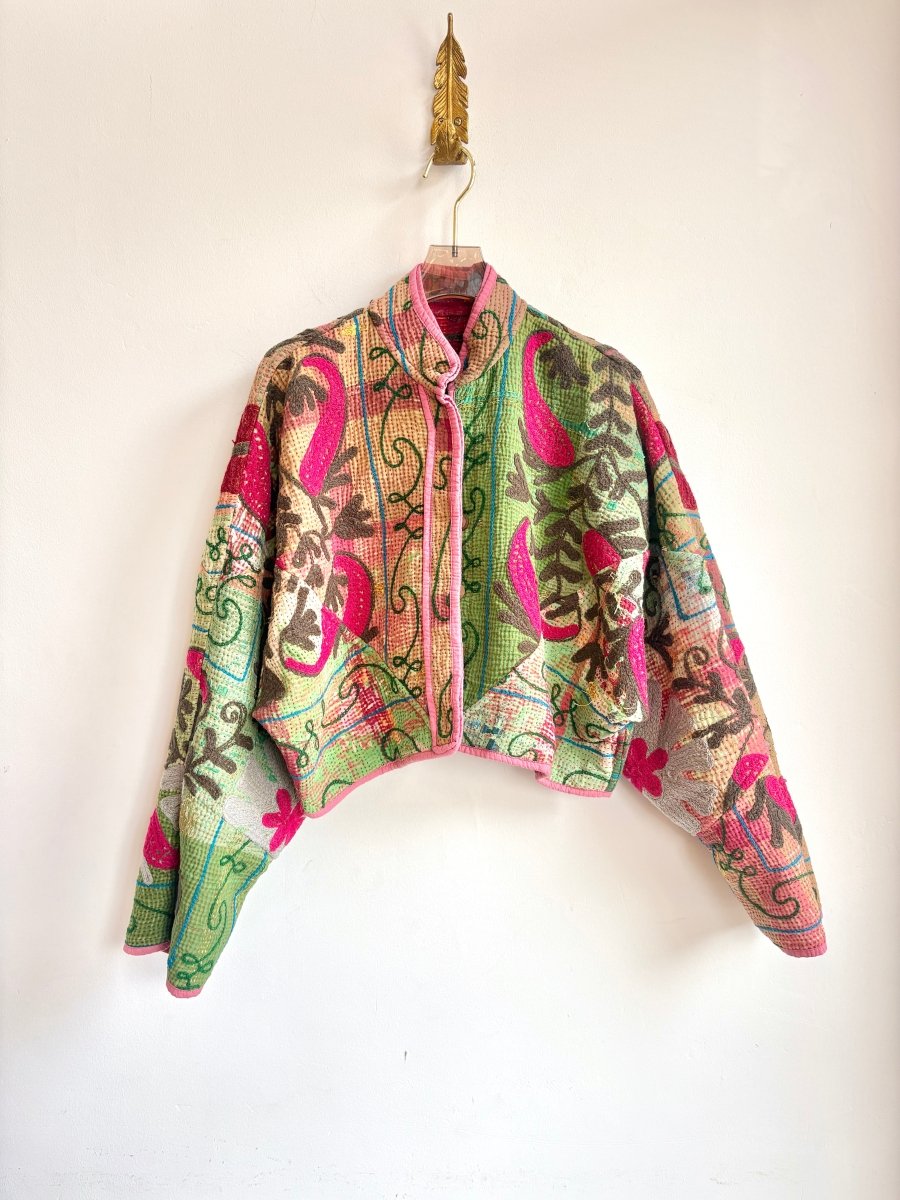 Reversible Suzani Quilted Cropped Jacket in Colors Green, Hot Pink, Truffle, Mauve & Brick Red, Hot Pink, Truffle, Light Pink - Made X Hudson