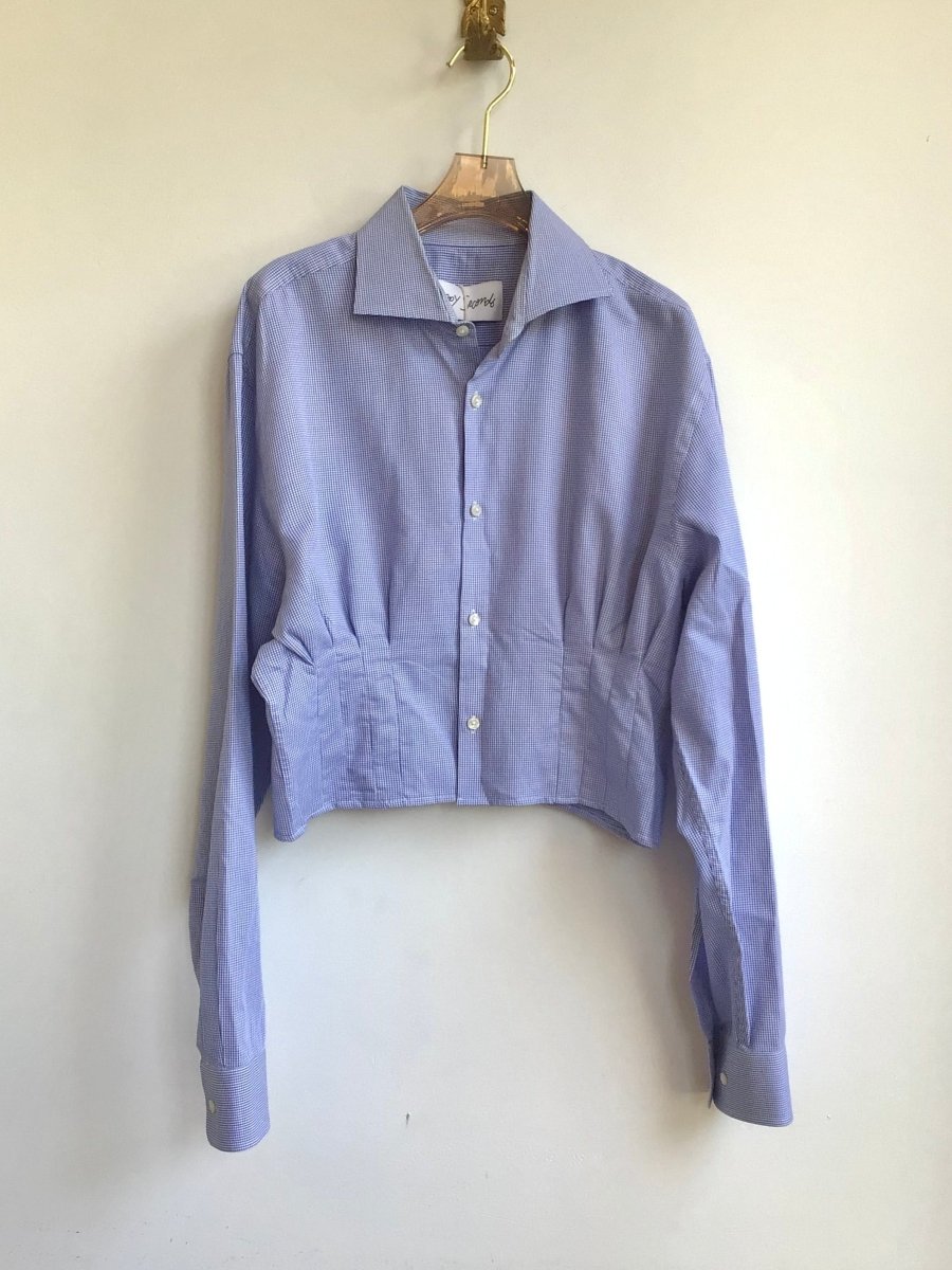 The Kevin Top | Blue Mini - Check Button Down Top w/ Gathered Waist (Reworked) - Made X Hudson