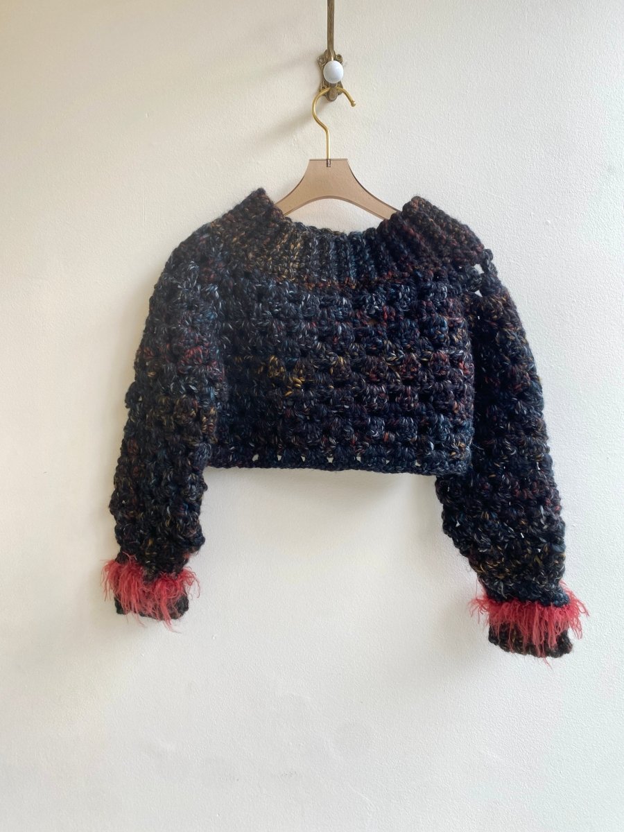 Wool Hand Crochet Cropped Sweater Black Spice w/ Red Faux Fur - Made X Hudson