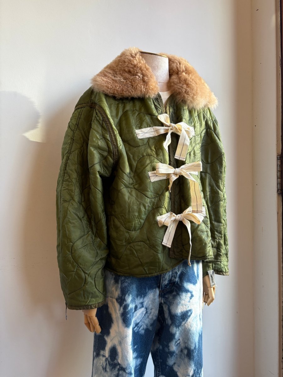 Olive Green Army Liner Quilted Coat w/ Caramel Alpaca Fur Collar & Twill Tape Ties (Reworked) - Made X Hudson