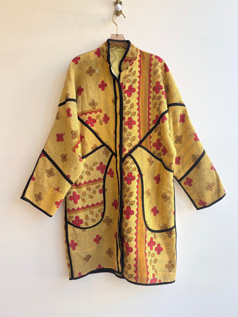 Reversible Sai Long Trench Quilted Jacket in Yellow, Orange & Red - Made X Hudson