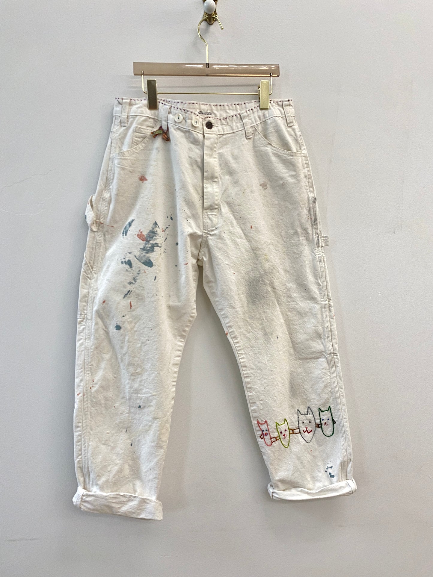 Four Cats Hand Embroidered w/ Light Paint Splatter Pants (Reworked)