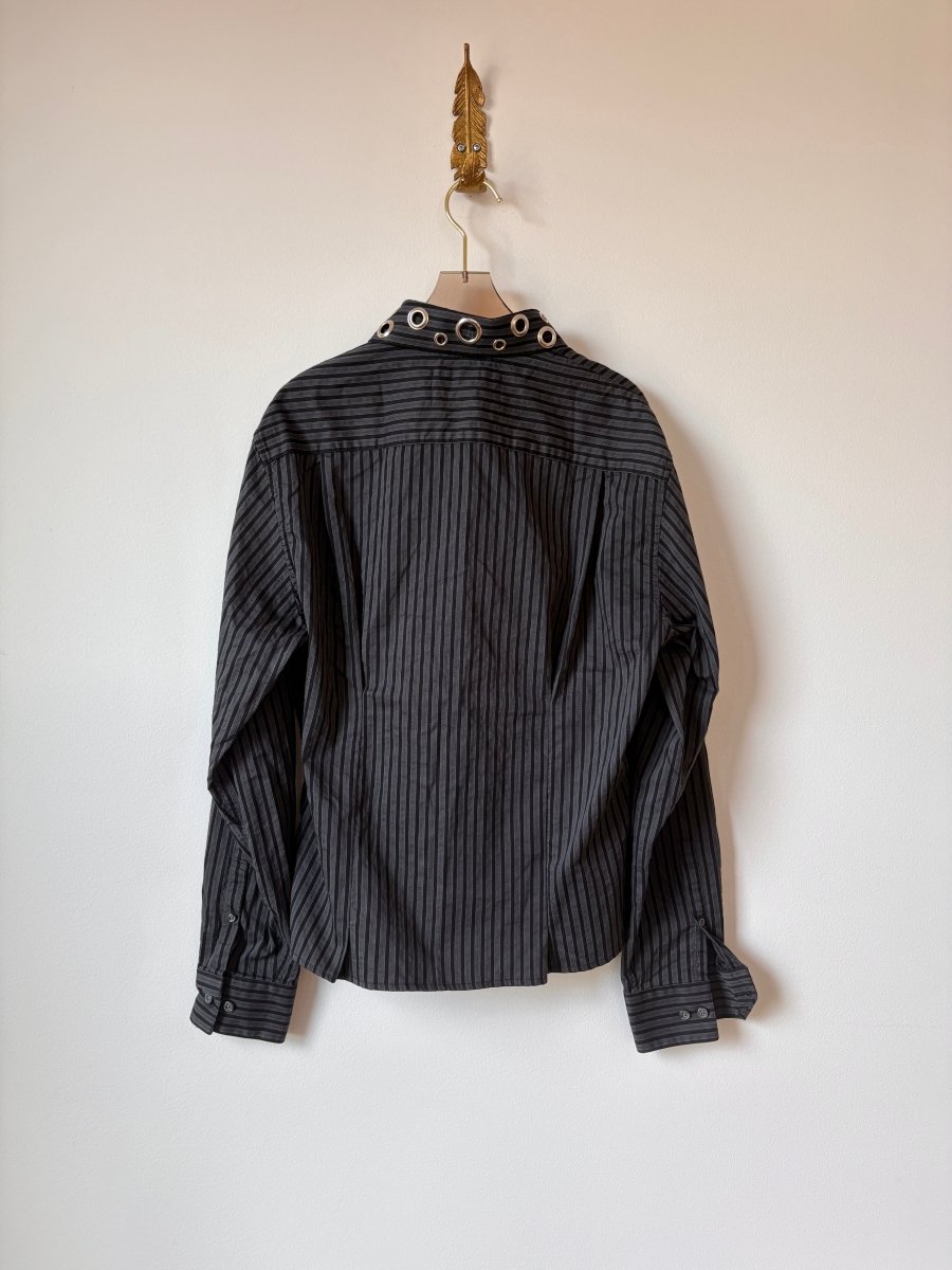 The Mike Top | Black & Grey Striped Button Down Top w/ Gathered Waist & Grommet Collar (Reworked) - Made X Hudson