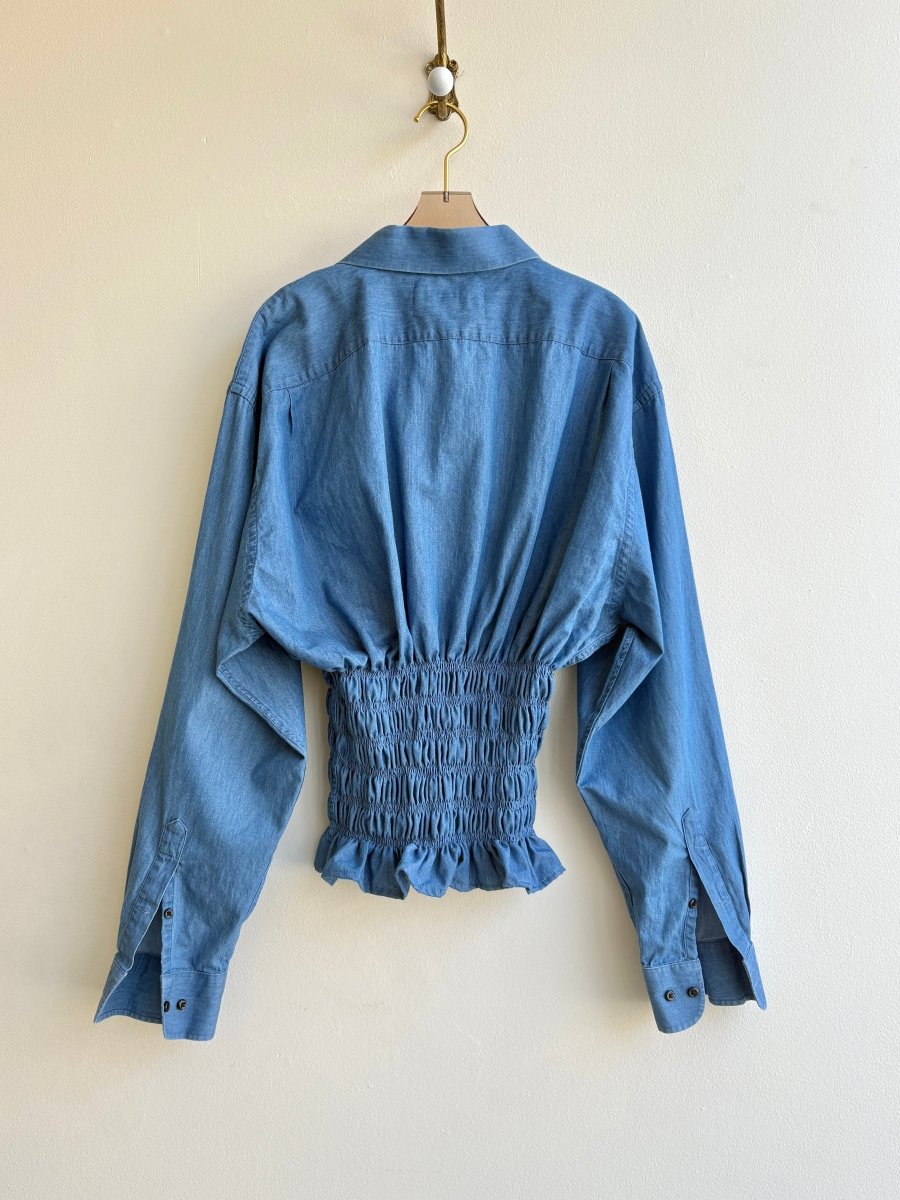 The George Top | Chambray Blue Button Down Top w/ Smocked Waist (Reworked) - Made X Hudson