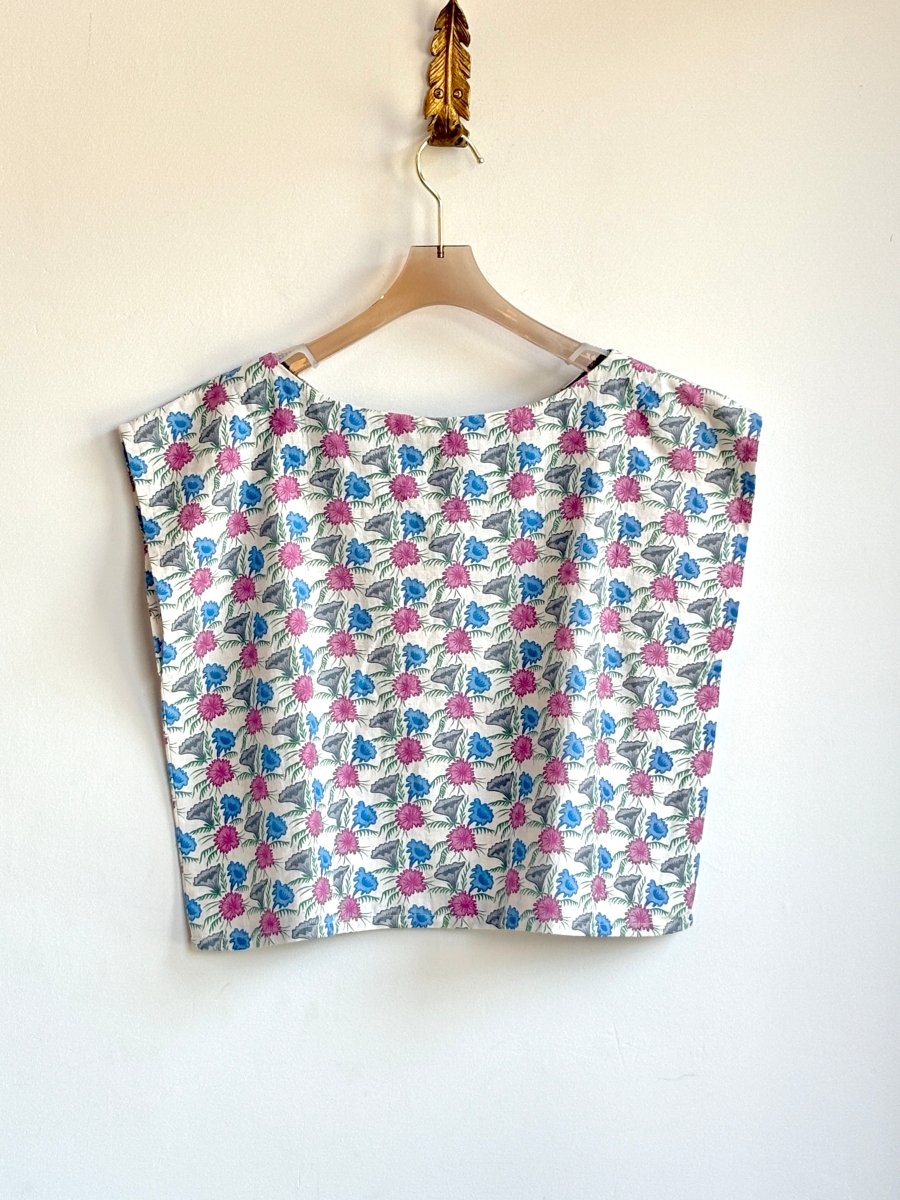 Fuschia, Grey & Blue Floral Print Box Top - Made X Hudson