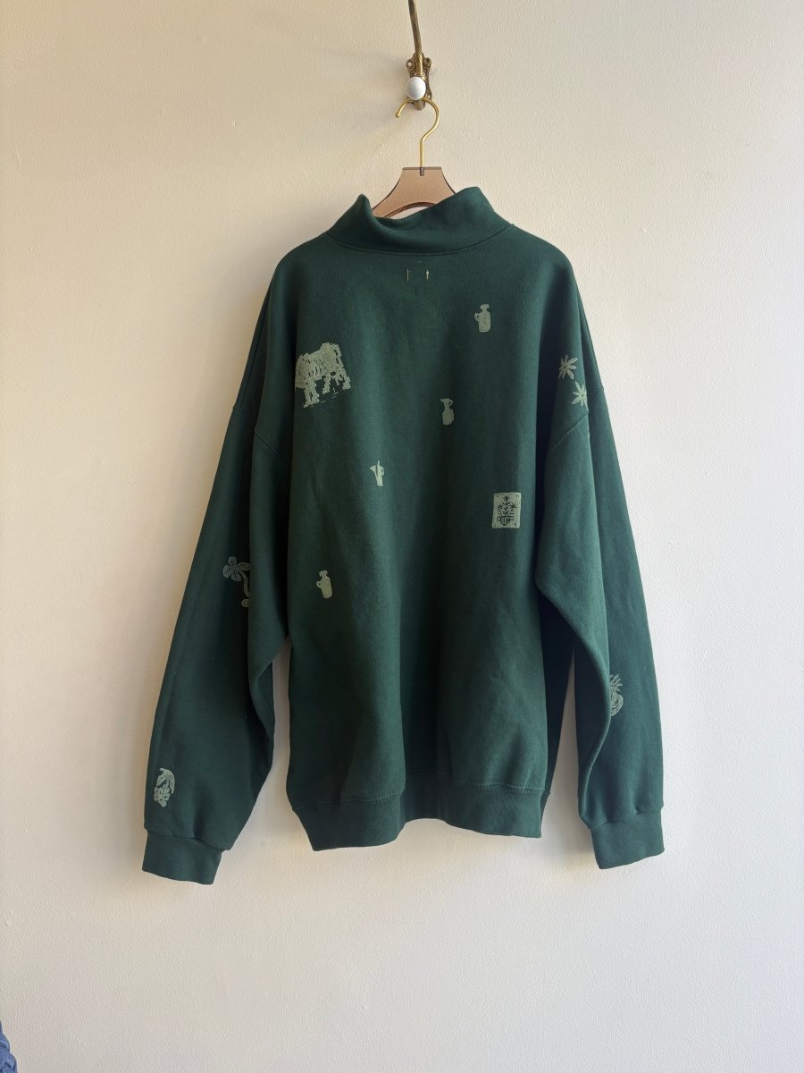 Lime Tiny Print Half Zip in Emerald | Block Printed (Reworked) - Made X Hudson
