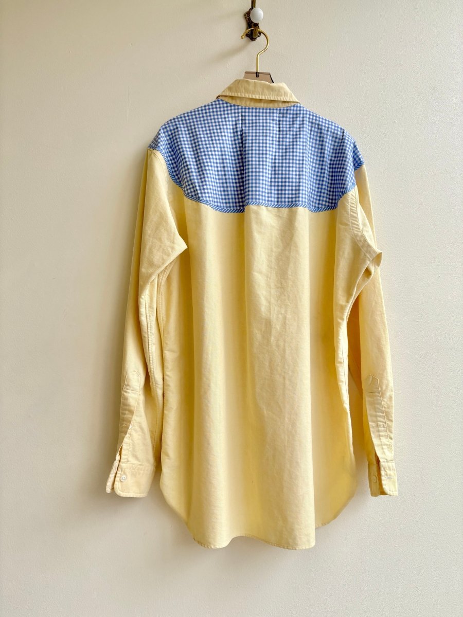 Austin Top | White & Yellow Pinstripe Button Down Top w/ Blue Check Shoulder Accent (Reworked) - Made X Hudson
