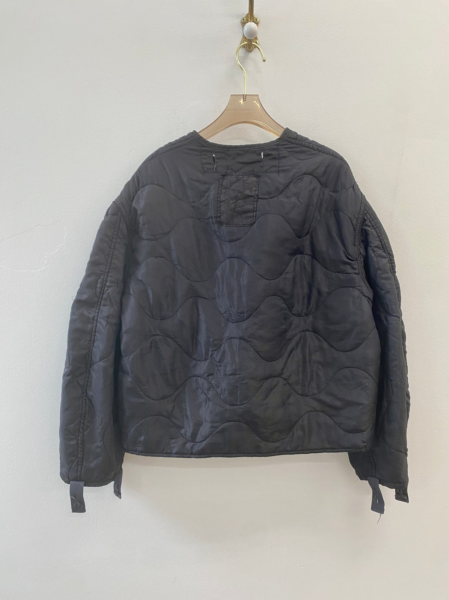 Black Army Liner Quilted Coat w/ White Twill Tape Ties (Reworked)