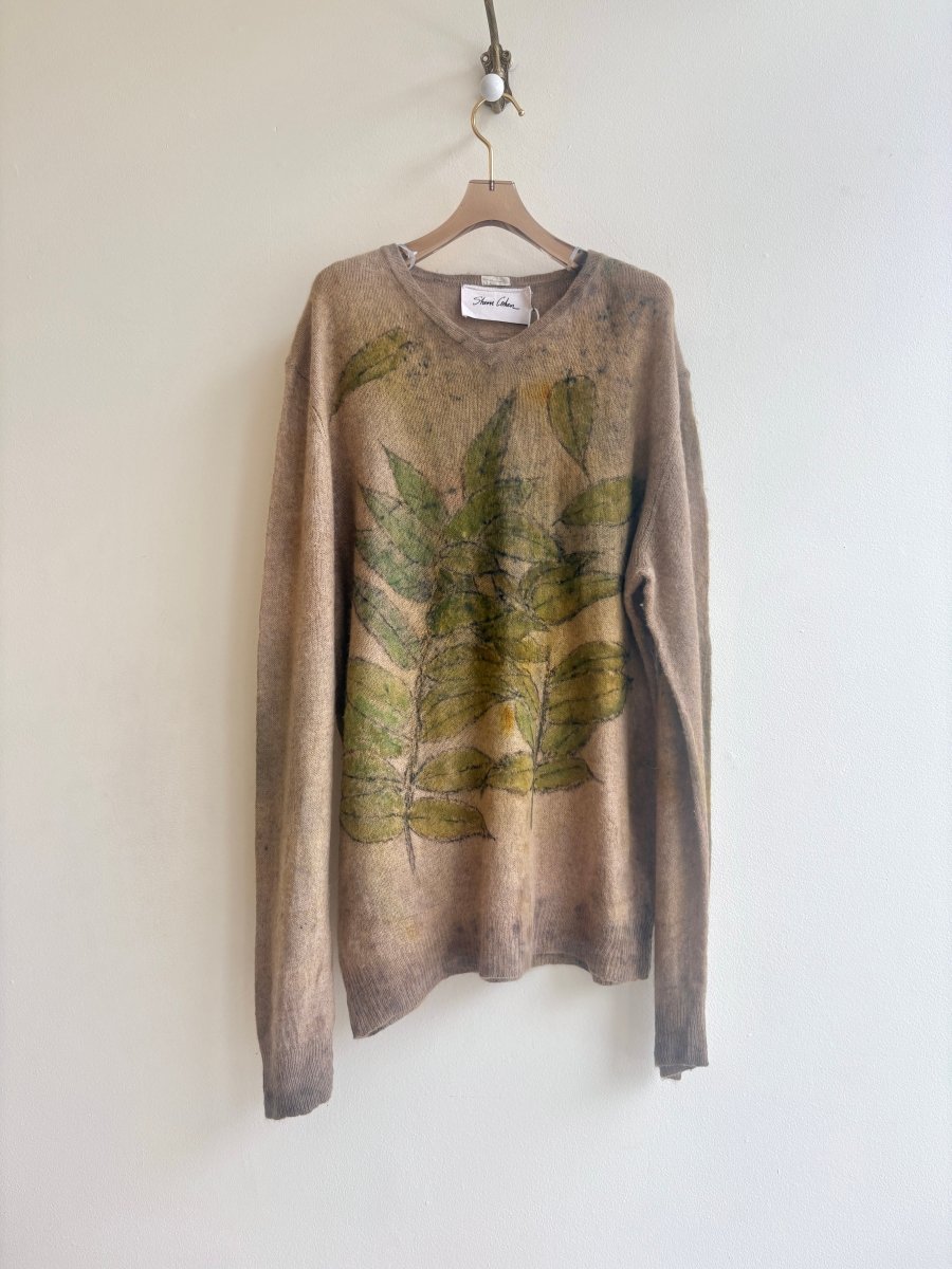 Brown Cashmere Eco Printed V - neck Sweater (Reworked) - Made X Hudson
