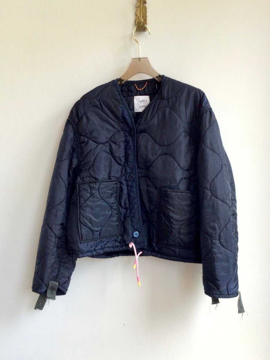 Navy Army Liner Quilted Coat w/ Navy Button Close & Pink Drawstring Waist (Reworked) - Made X Hudson