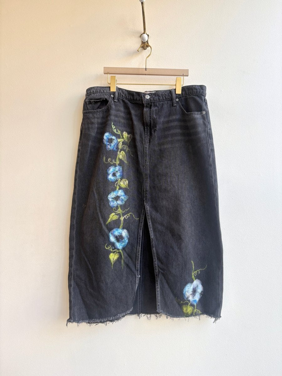 Black Denim Skirt with Hand Painted Blue Morning Glories (Reworked) - Made X Hudson