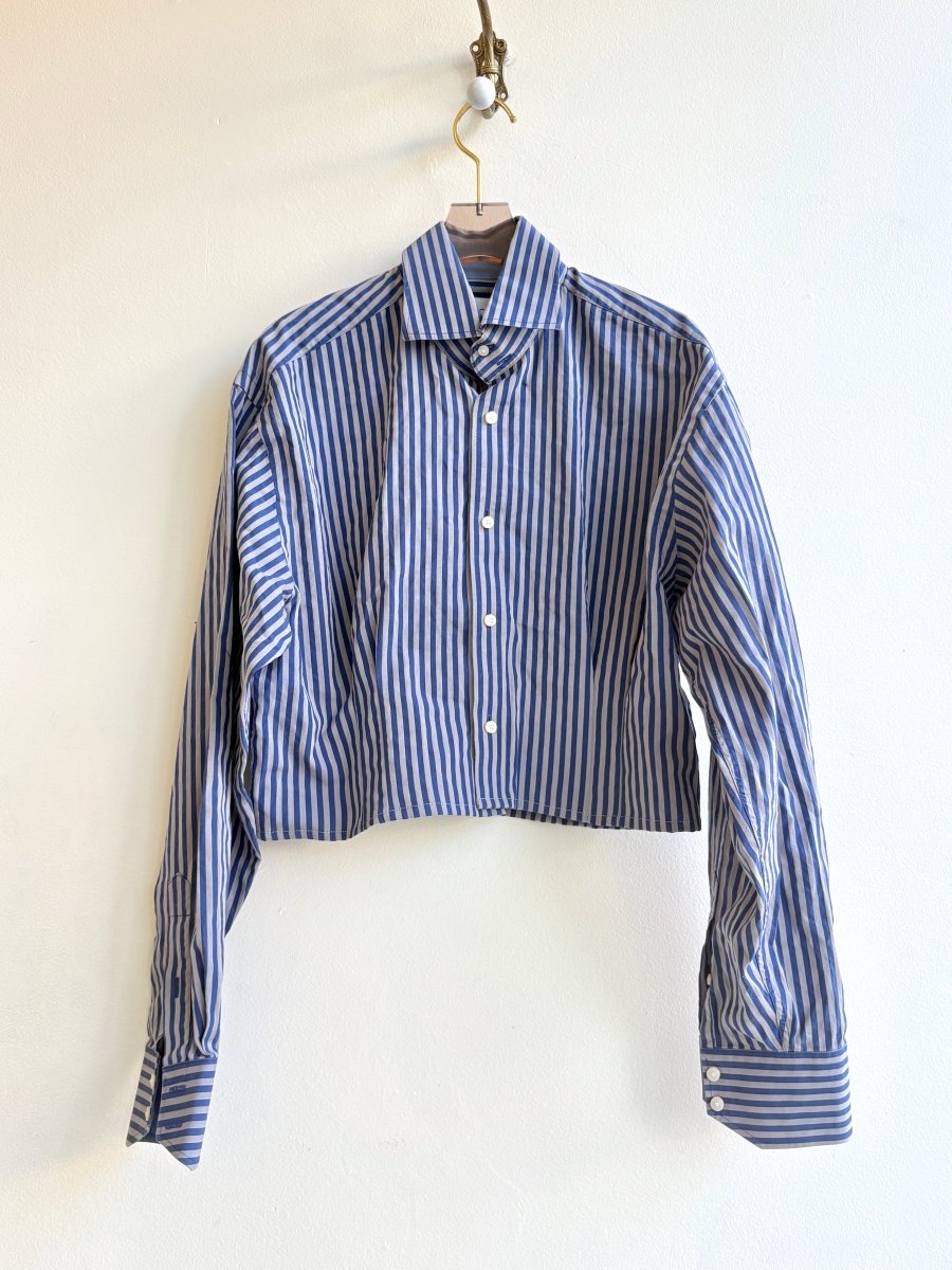 The Kevin Top | Blue and Grey Stripe w/ Gathered Waist (Reworked) - Made X Hudson