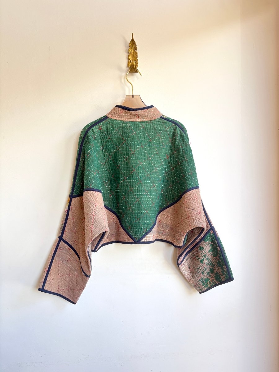 Reversible Kaira Quilted Cropped Jacket in Colors Forest Green, Tan, Red & Sky Blue, Red - Made X Hudson