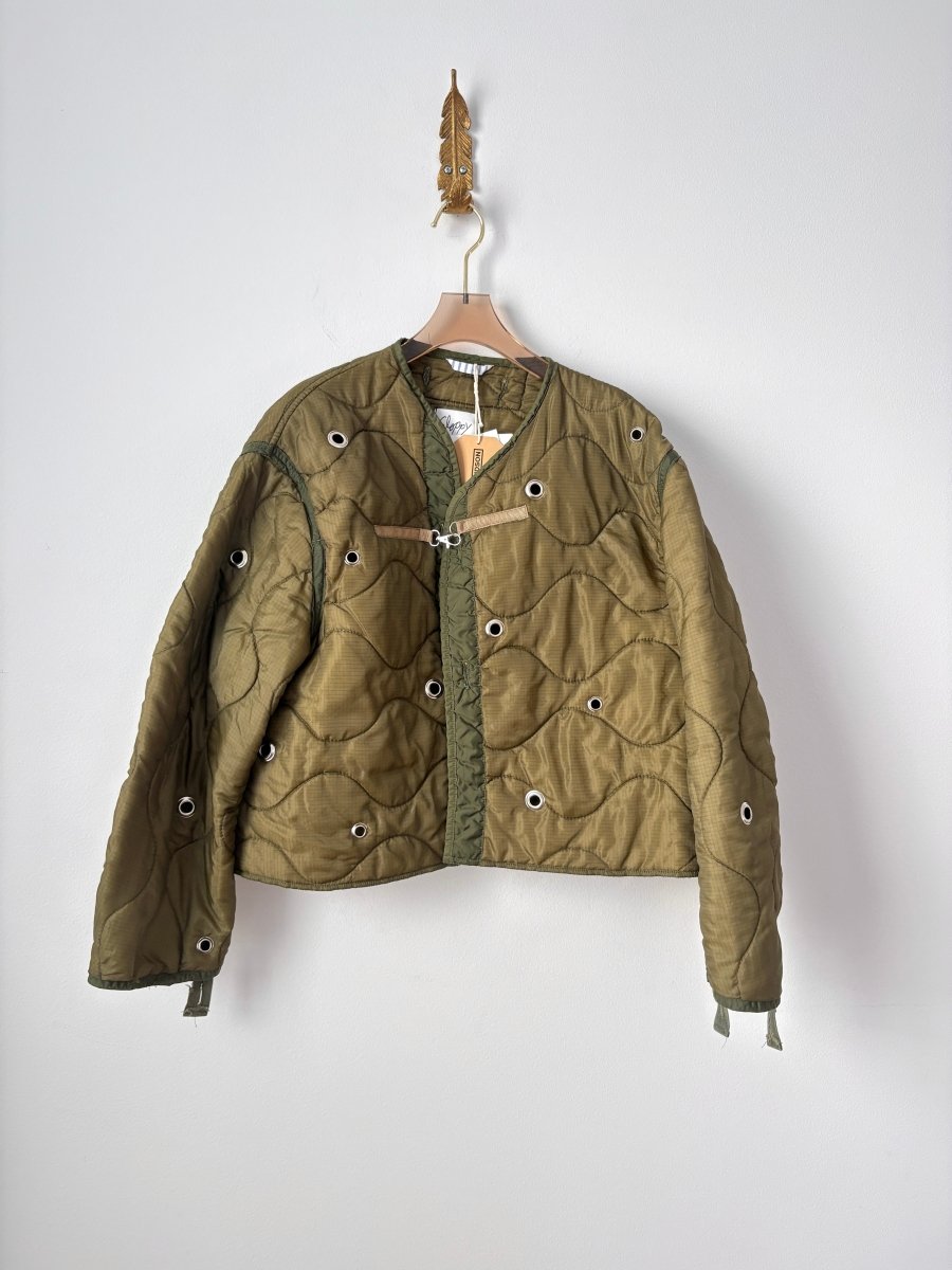 Olive Green Army Liner Quilted Coat w/ Silver Grommets & Clasp (Reworked) - Made X Hudson