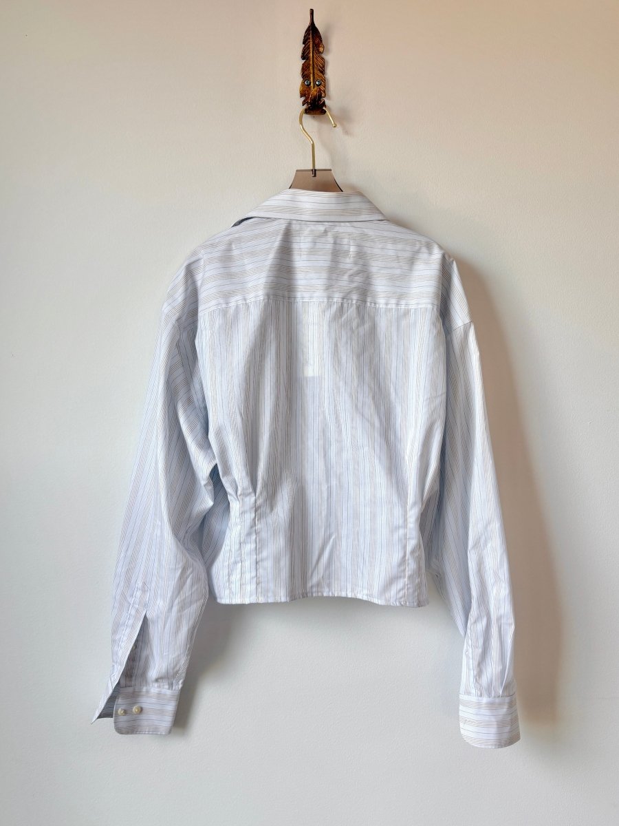 The Kevin Top | Pale Blue & Brown Mini - Stripe Button Down Top w/ Gathered Waist (Reworked) - Made X Hudson