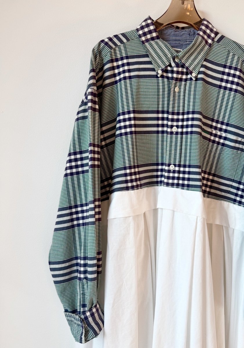 Empire Shirtwaist Dress in Forest Green & Navy Plaid & White (Reworked) - Made X Hudson
