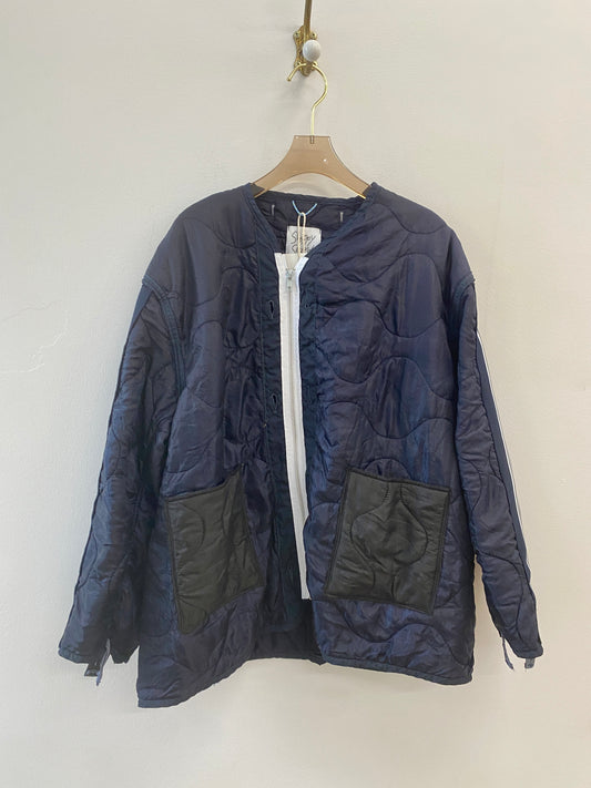 Navy Blue Army Liner Quilted Coat w/ Sleeve Stripe & Twill Zipper (Reworked)