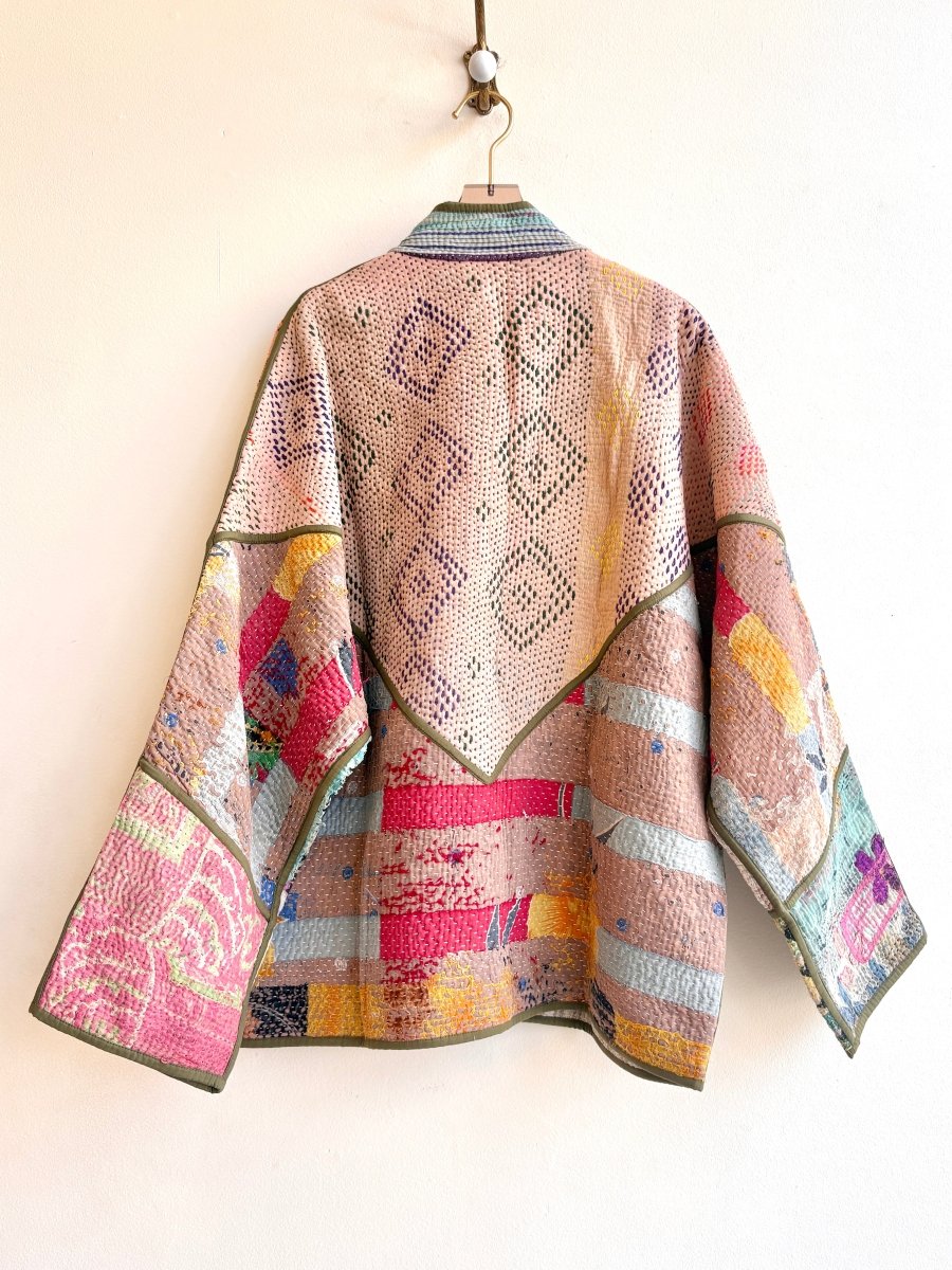 Reversible Ladhiya Quilted Jacket in Colors Olive Multi - Colored Pastel Patchwork & Red, Pink, Black, Yellow - Made X Hudson