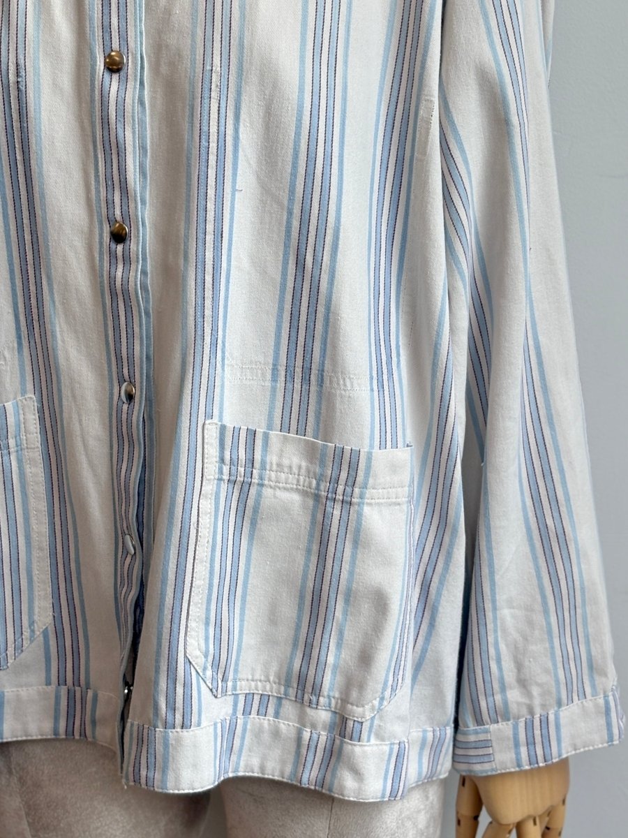 White w/ Light Blue & Red Stripes Denim Shirtjacket (Reworked) - Made X Hudson
