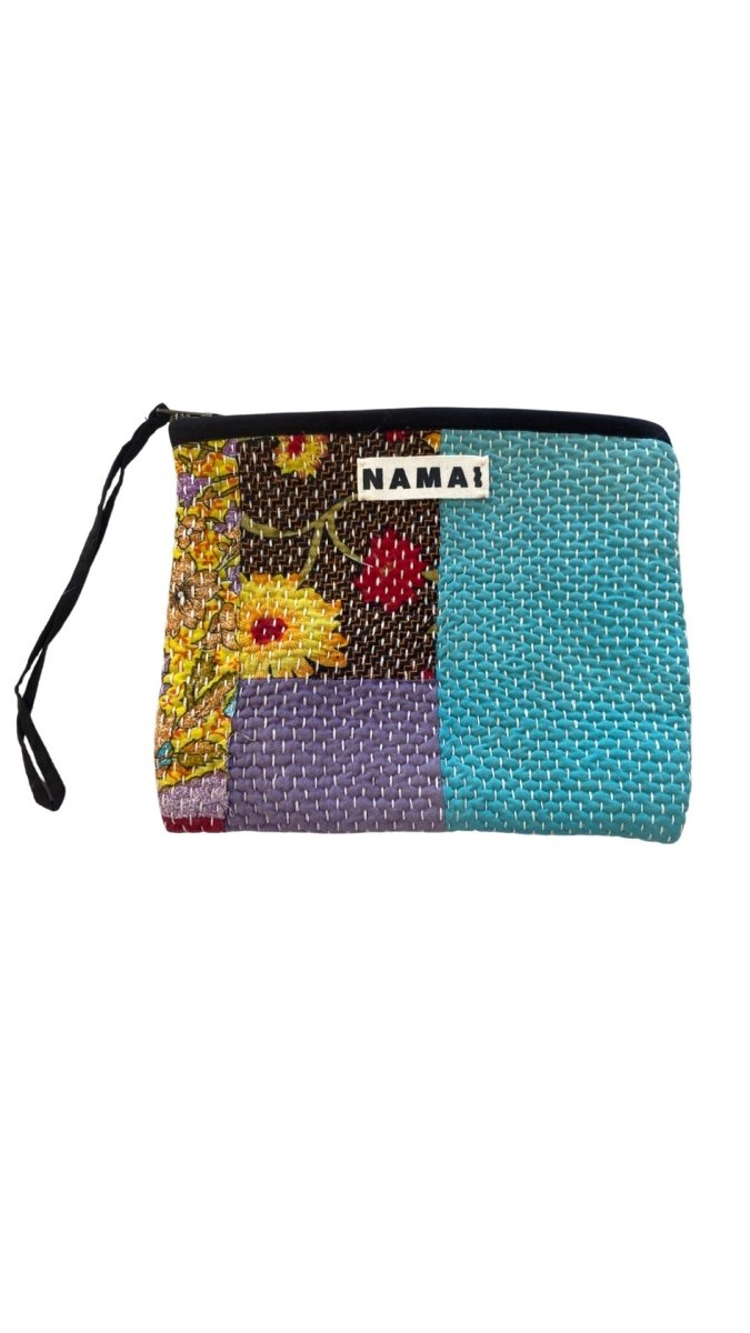 Biju Vintage Kantha Quilted Zipper Pouch in Colors Turquoise, Purple, Red & Yellow - Made X Hudson