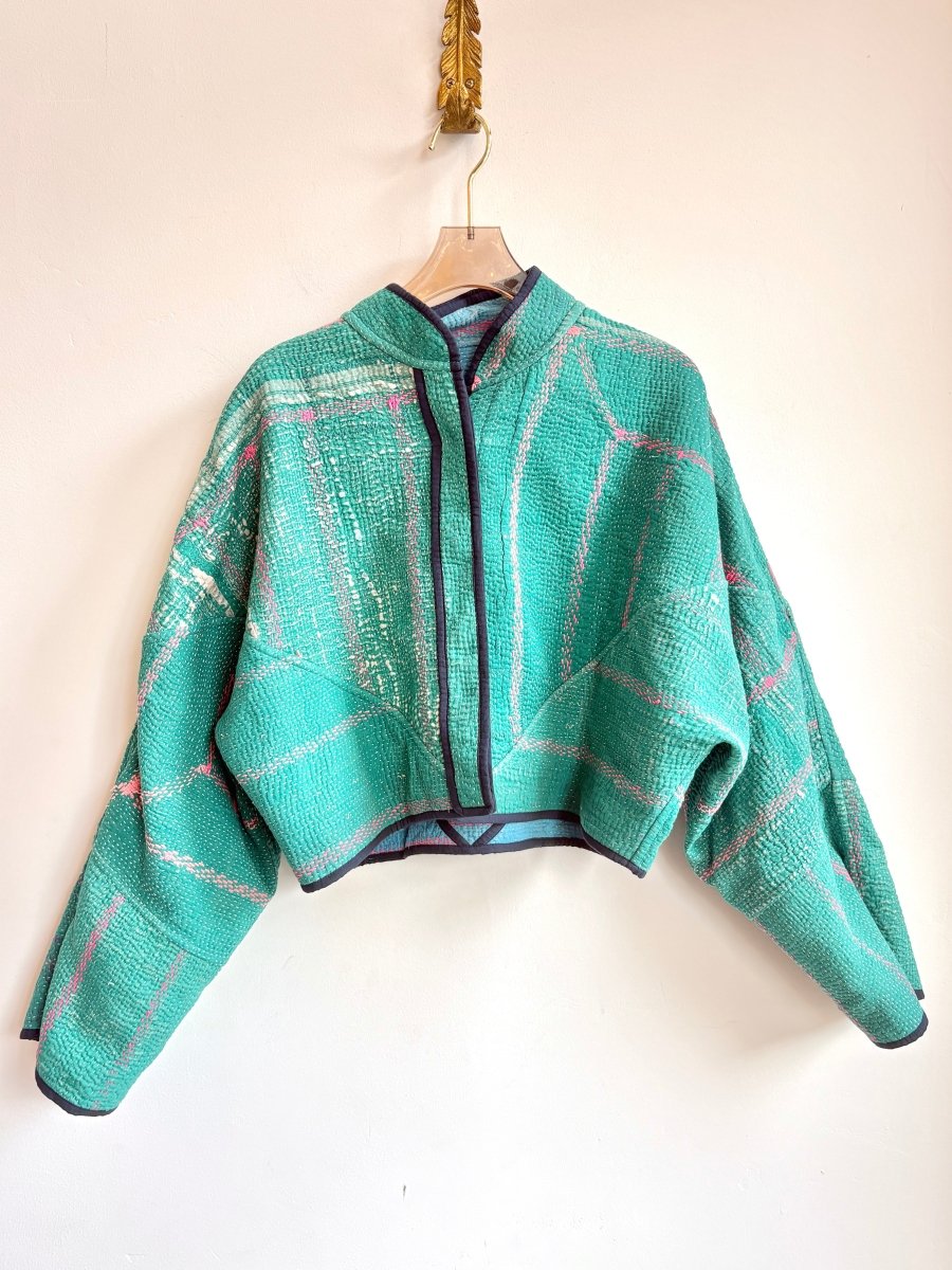 Reversible Kaira Quilted Cropped Jacket in Colors Pool Blue, Hot Pink & Teal, Hot Pink - Made X Hudson