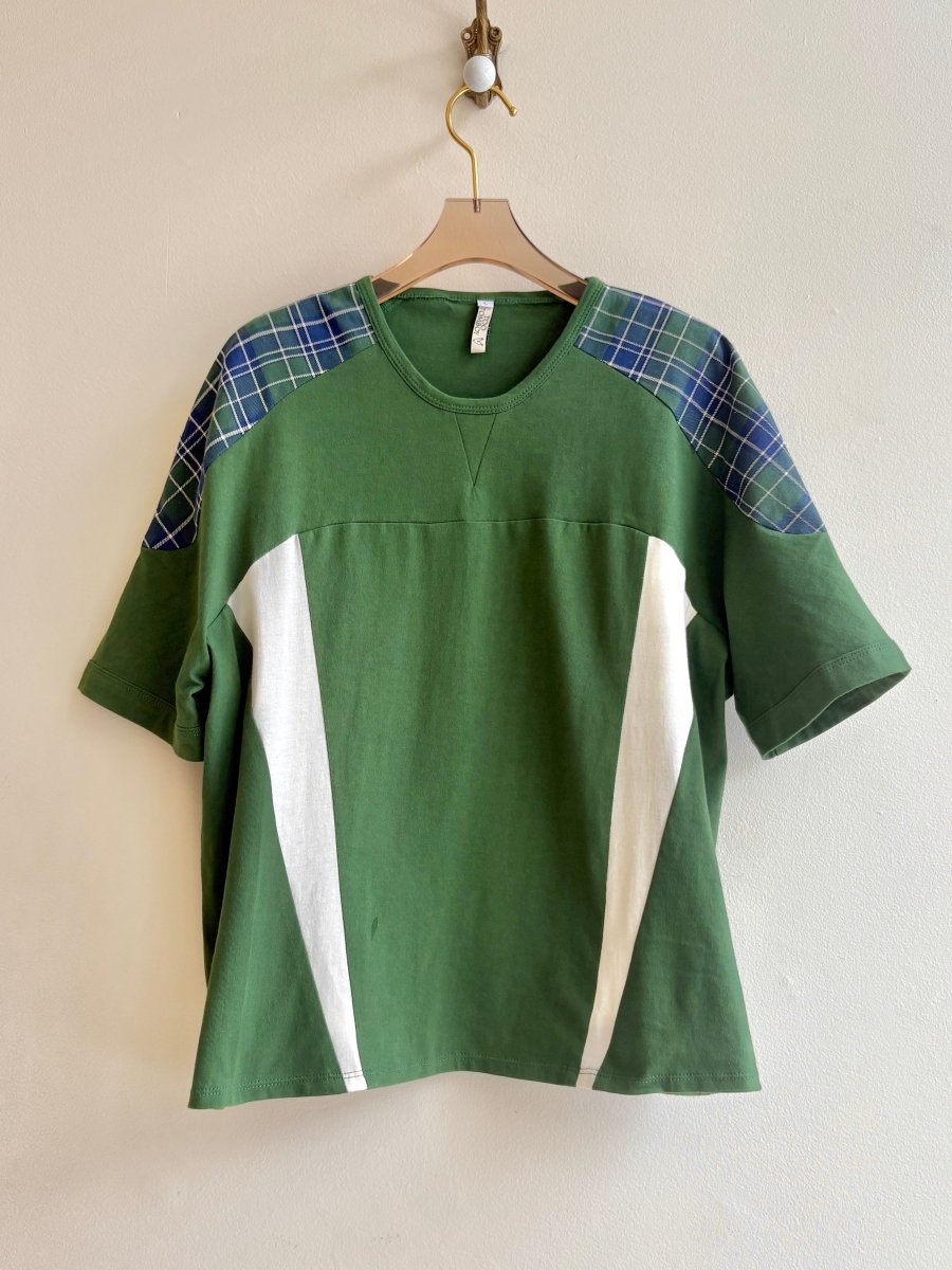 Green Jersey T-Shirt | Color Blocked with Plaid Shoulder - Made X Hudson