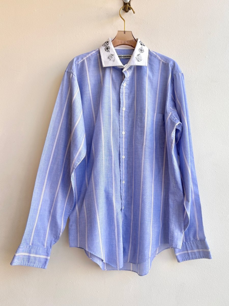 "Tess” Blue Stripe White Collar Flower Printed Shirt (Reworked) - Made X Hudson