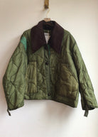 Dark Olive Green Army Liner Quilted Coat w/ Brown Corduroy Collar (Reworked) - Made X Hudson