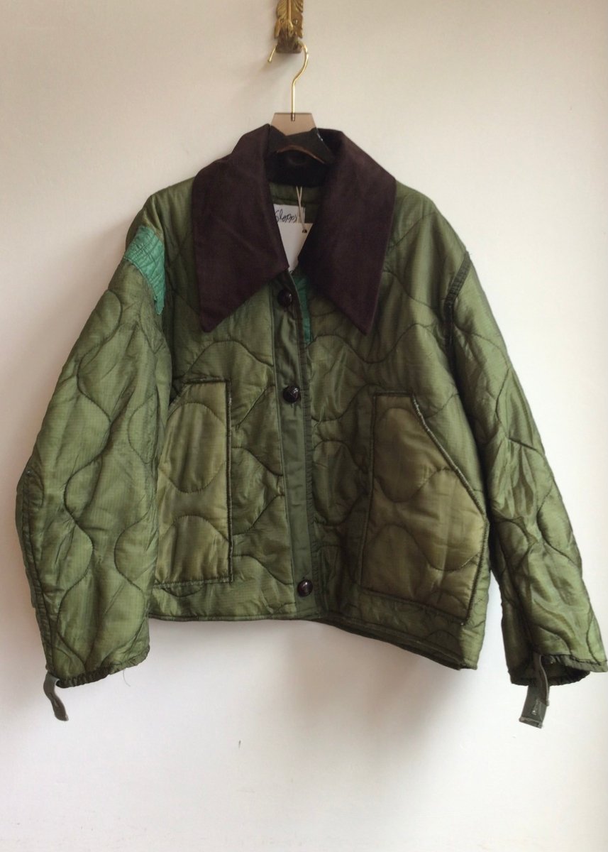 Dark Olive Green Army Liner Quilted Coat w/ Brown Corduroy Collar (Reworked) - Made X Hudson