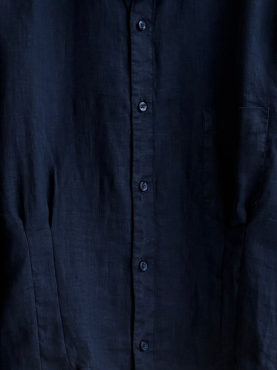 The Kevin Top | Navy Linen Button Down Top w/ Gathered Waist (Reworked) - Made X Hudson