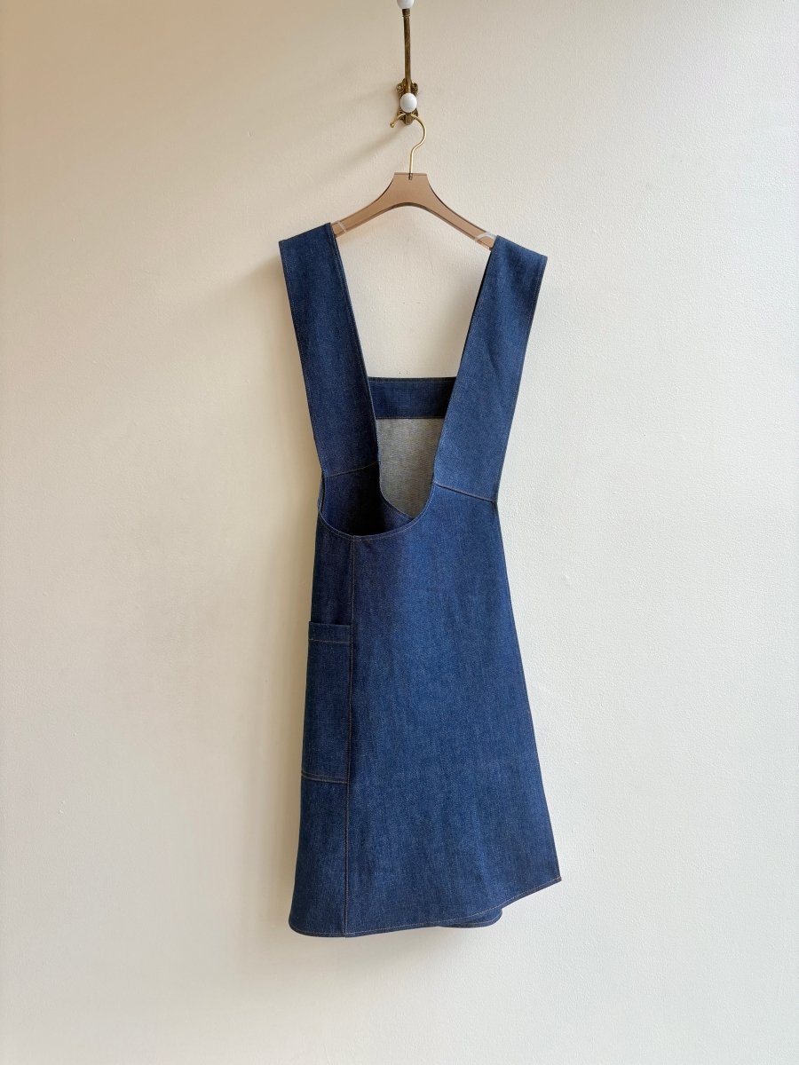 Classic Denim w/ Gold Stitching Pinafore Apron w/ Patch Pockets