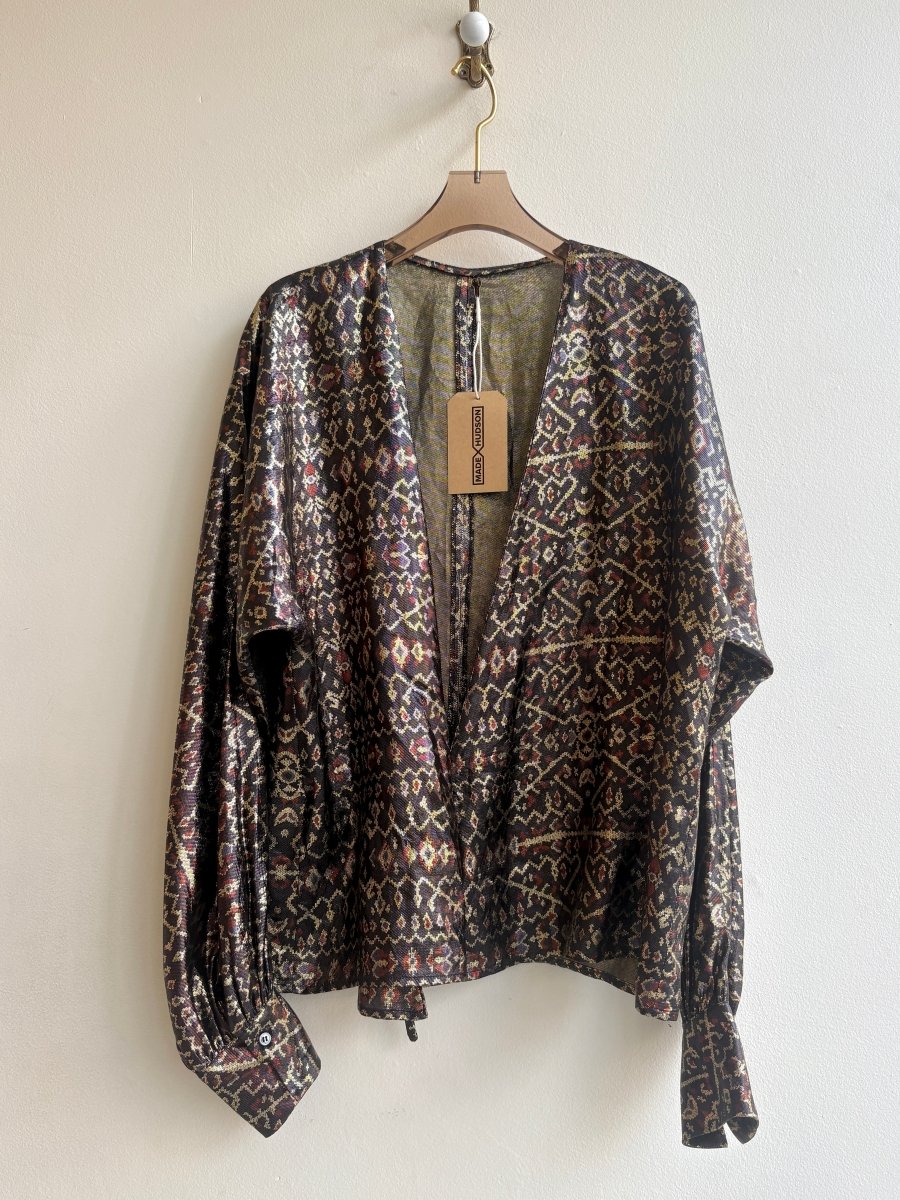 Black and Gold Pattered Lame Wrap Top (Vintage) - Made X Hudson