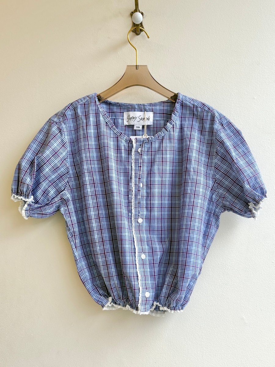 The Henry Top | Dark Blue & Burgundy Plaid Cap Sleeve w/ Smocked Waist & Eyelet Trim (Reworked) - Made X Hudson